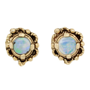 Antique Art Deco Opal Stud Earrings - 14k Yellow Gold Floral Shape