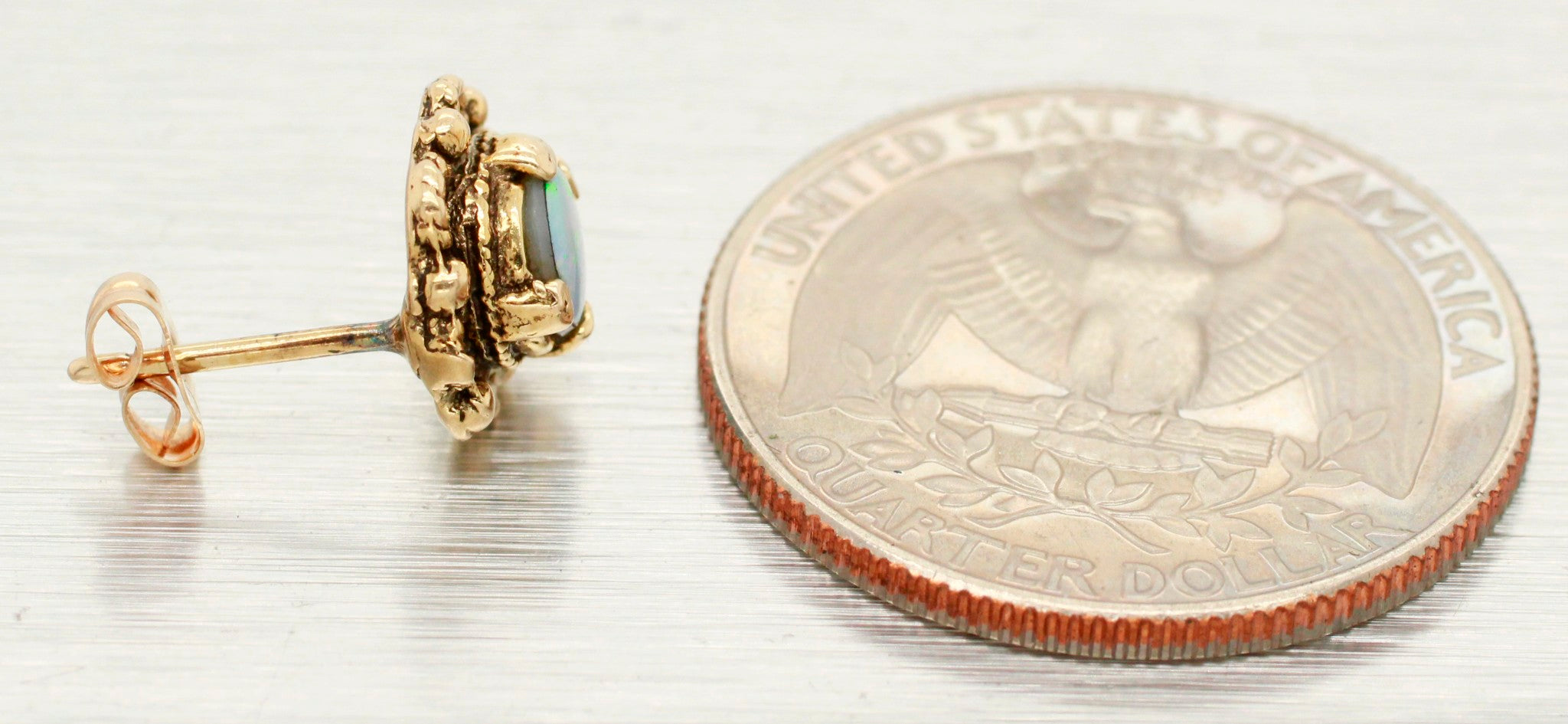 Antique Art Deco Opal Stud Earrings - 14k Yellow Gold Floral Shape