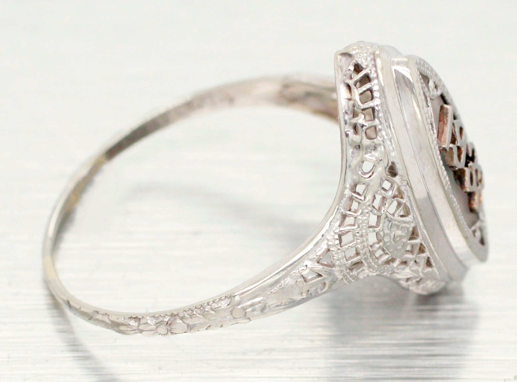 1938 Antique Art Deco Resin Marquise Cocktail Ring - 14k White Gold - Size 8