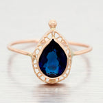 Antique Art Deco Blue Stone Cocktail Ring - 14k Yellow Gold Pear Shape - Size 5