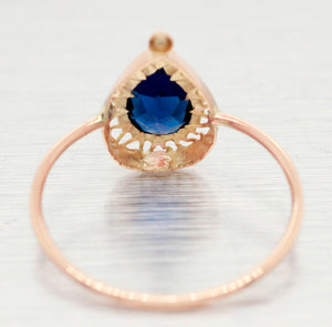 Antique Art Deco Blue Stone Cocktail Ring - 14k Yellow Gold Pear Shape - Size 5