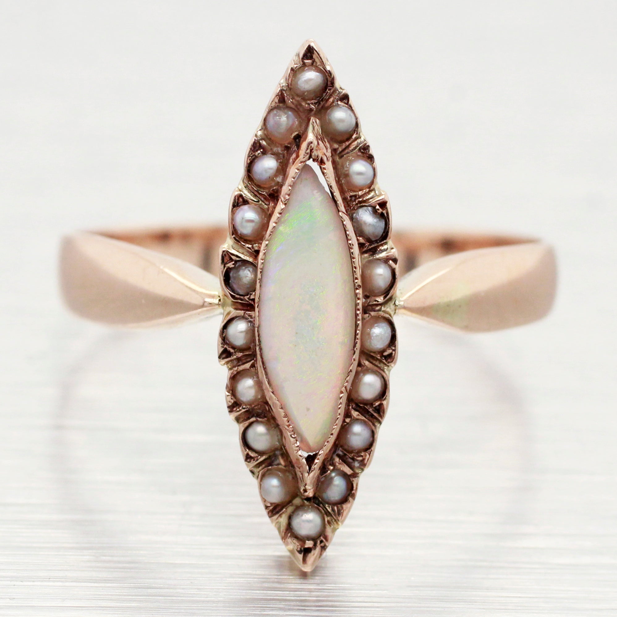 Antique Art Deco Opal Marquise Cocktail Ring - 14k Yellow Gold w/ Seed Pearls