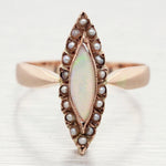 Antique Art Deco Opal Marquise Cocktail Ring - 14k Yellow Gold w/ Seed Pearls