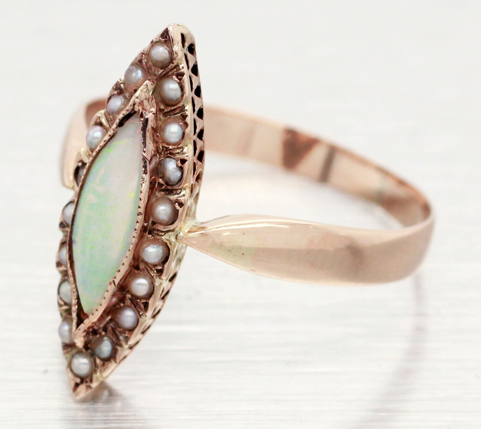 Antique Art Deco Opal Marquise Cocktail Ring - 14k Yellow Gold w/ Seed Pearls