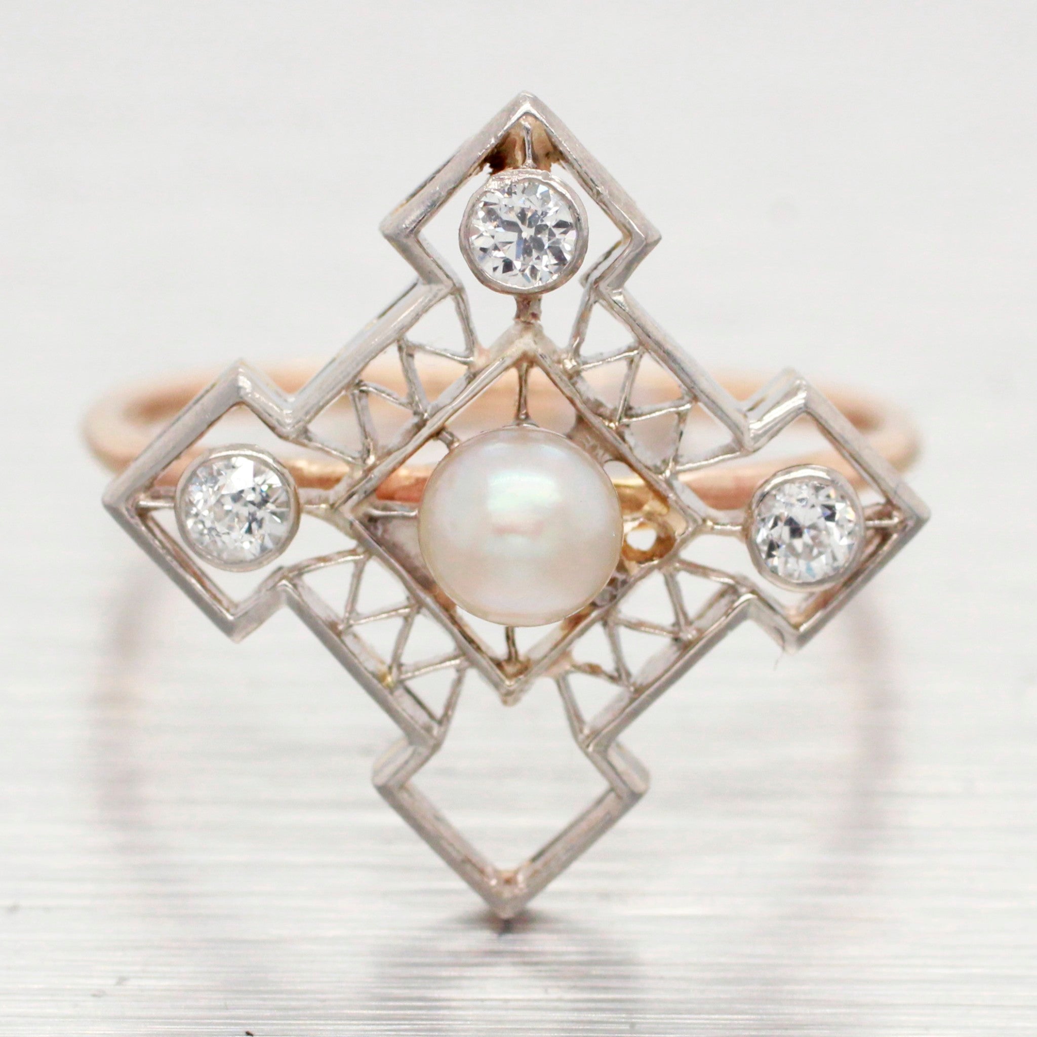 Antique Art Deco Pearl & Diamond Cross-Star Cocktail Ring - 14k White Gold