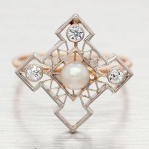 Antique Art Deco Pearl & Diamond Cross-Star Cocktail Ring - 14k White Gold