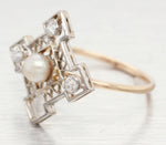 Antique Art Deco Pearl & Diamond Cross-Star Cocktail Ring - 14k White Gold