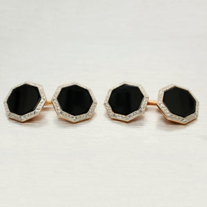 Antique Art Deco Onyx Cufflinks - Gold & Platinum Chain Link Style - 14k Gold