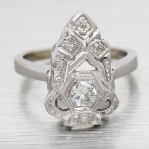 Antique Art Deco Diamond Cocktail Ring - 14k White Gold Pear Shape Setting