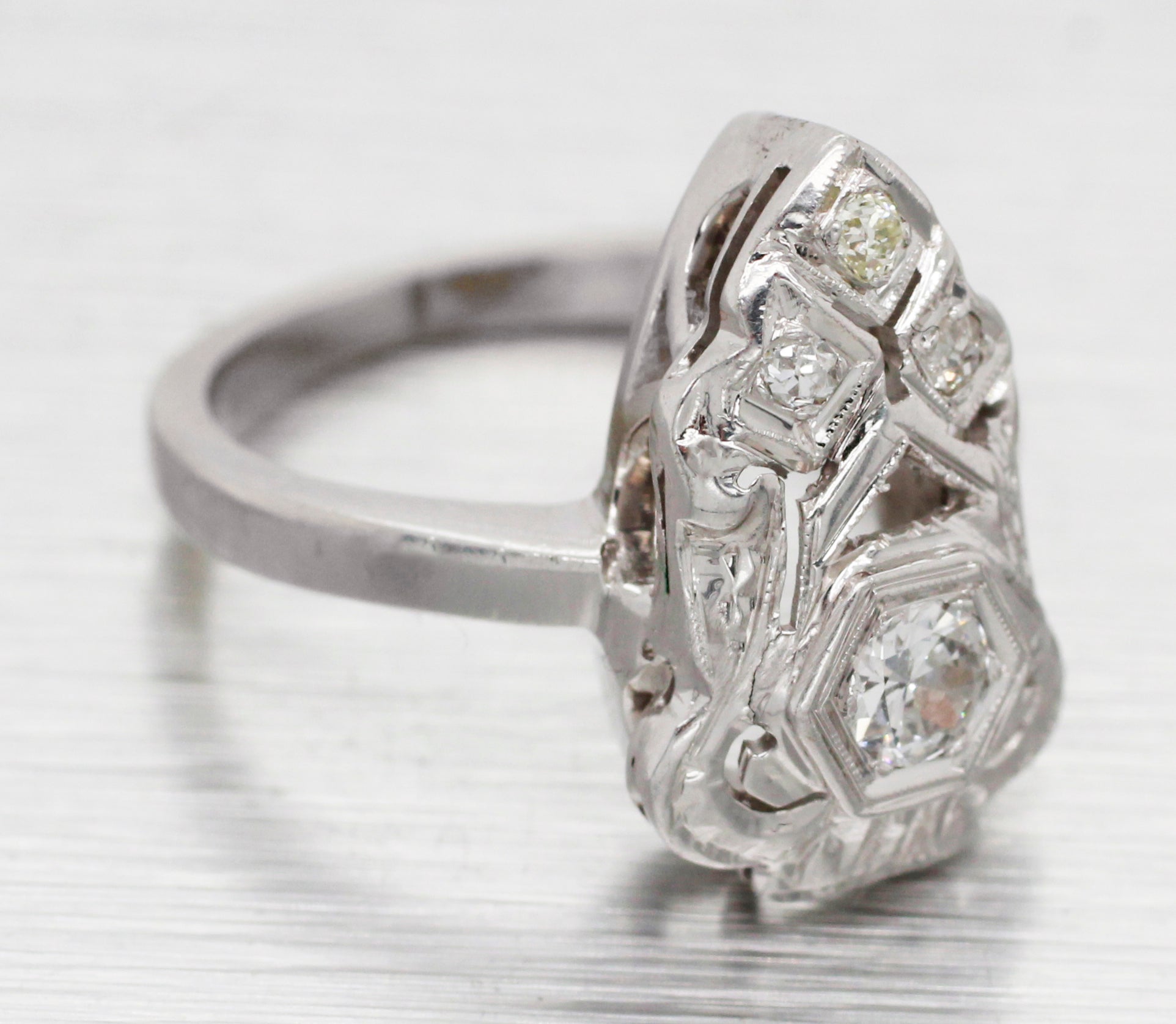 Antique Art Deco Diamond Cocktail Ring - 14k White Gold Pear Shape Setting