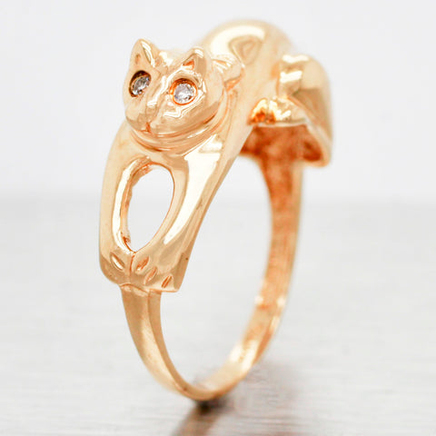 Designer Diamond-Eyed Cat Bowtie Ring - 14k Yellow Gold Kitten Size 5.25