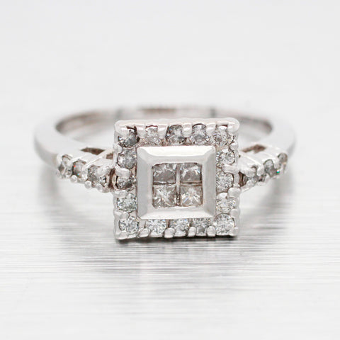 Vintage 0.35ctw Diamond Cocktail Ring - 14k White Gold Square Halo Setting