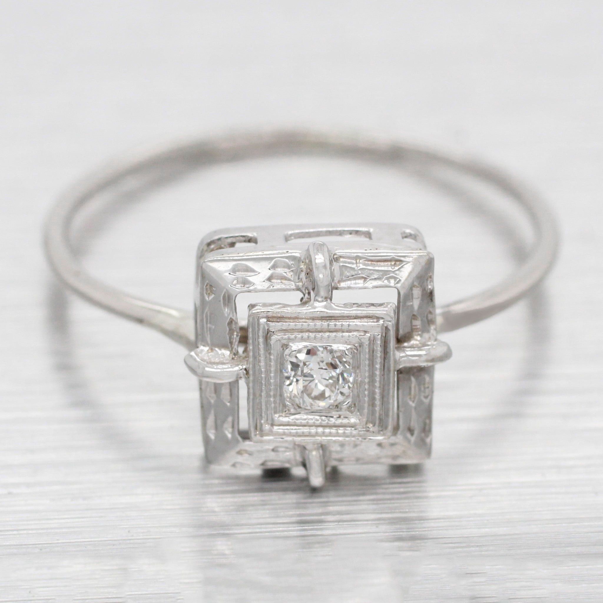 Antique Art Deco 0.05ct Round Diamond Square Engagement Ring - 14k White Gold