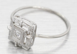 Antique Art Deco 0.05ct Round Diamond Square Engagement Ring - 14k White Gold