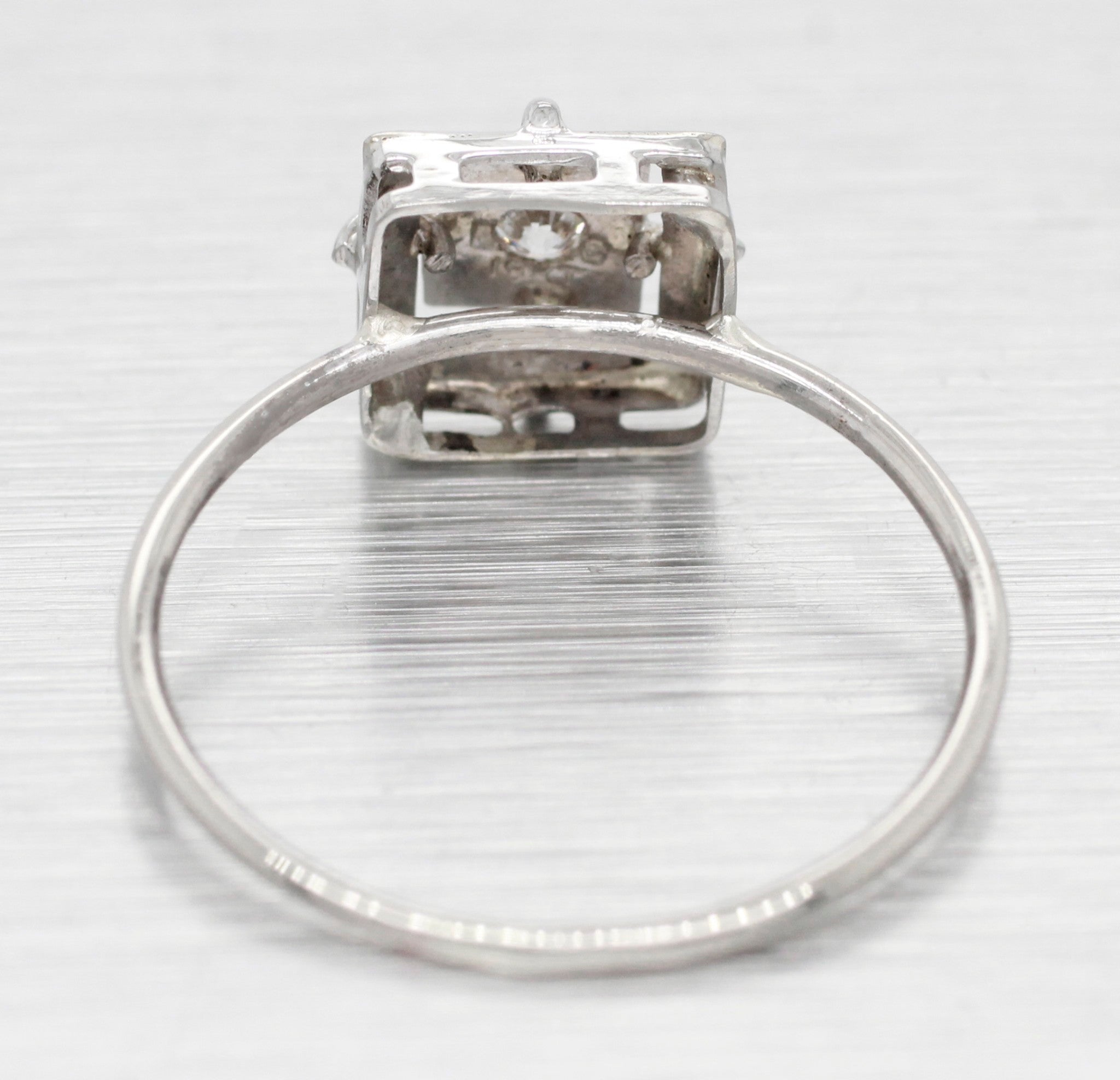 Antique Art Deco 0.05ct Round Diamond Square Engagement Ring - 14k White Gold