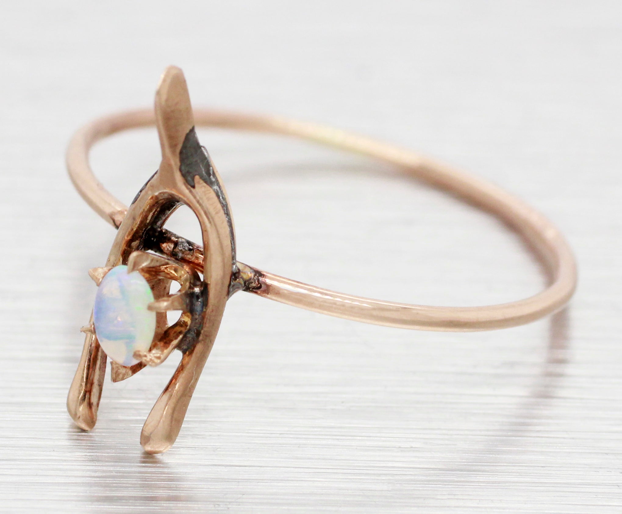 Antique Art Deco Blue Opal Wishbone Ring - 14k Rose Gold  - Size 8.25