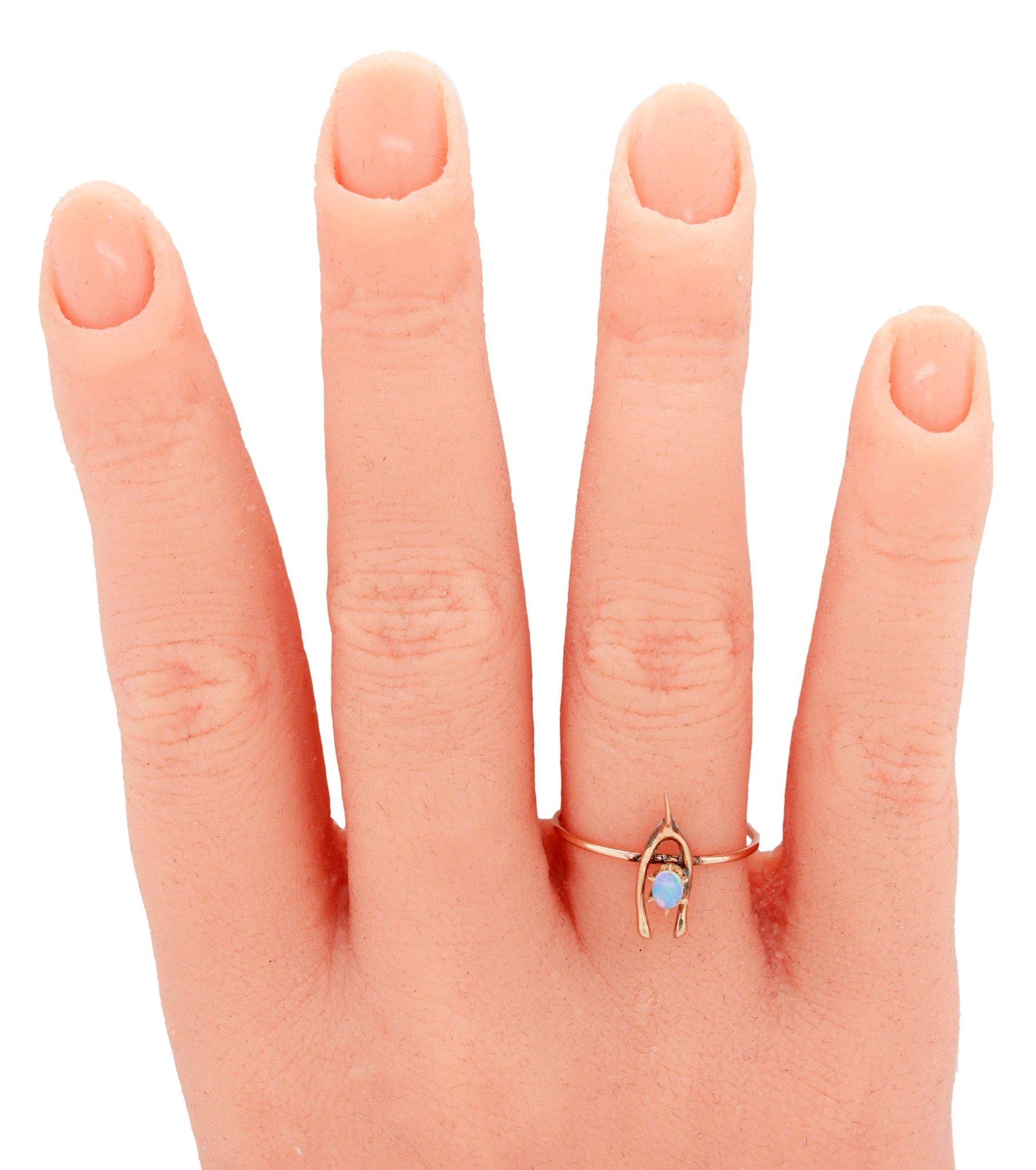 Antique Art Deco Blue Opal Wishbone Ring - 14k Rose Gold  - Size 8.25