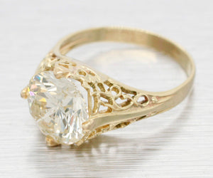 GIA 3.01ct Diamond Antique Art Deco Solitaire Engagement Ring - 14k Yellow Gold