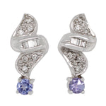 Vintage Blue Tanzanite Swirled Stud Earrings w/ Diamond Accents - 14k White Gold