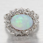 Antique Art Deco White Opal Cocktail Ring w/ Diamond Halo - 14k White Gold