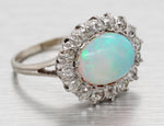 Antique Art Deco White Opal Cocktail Ring w/ Diamond Halo - 14k White Gold