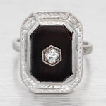 Antique Art Deco Black Onyx & Diamond Dinner Ring - 14k White Gold