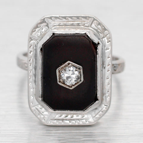 Antique Art Deco Black Onyx & Diamond Dinner Ring - 14k White Gold