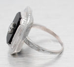 Antique Art Deco Black Onyx & Diamond Dinner Ring - 14k White Gold