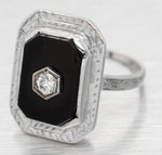 Antique Art Deco Black Onyx & Diamond Dinner Ring - 14k White Gold