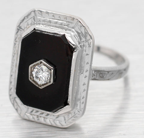 Antique Art Deco Black Onyx & Diamond Dinner Ring - 14k White Gold