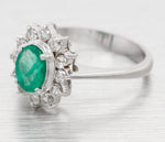Vintage Oval Emerald & Diamond Halo Cocktail Ring - 18k White Gold Reverse Taper