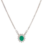 Vintage Emerald & Diamond Halo Pendant Choker - 18k White Gold Necklace - 14"