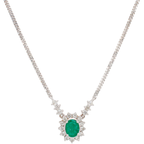 Vintage Emerald & Diamond Halo Pendant Choker - 18k White Gold Necklace - 14"