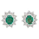 Vintage Oval Emerald & Diamond Halo Stud Earrings - 18k White Gold - Pushbacks