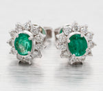 Vintage Oval Emerald & Diamond Halo Stud Earrings - 18k White Gold - Pushbacks