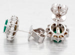 Vintage Oval Emerald & Diamond Halo Stud Earrings - 18k White Gold - Pushbacks