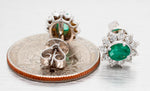 Vintage Oval Emerald & Diamond Halo Stud Earrings - 18k White Gold - Pushbacks