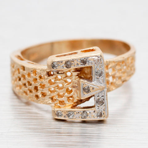Antique Art Deco Single Cut Diamond Belt Buckle Band Ring - 14k Yellow Gold