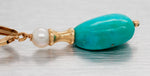 Vintage Turquoise Drop Dangle Earrings w/ Pearl Accents - 14k Yellow Gold