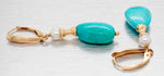 Vintage Turquoise Drop Dangle Earrings w/ Pearl Accents - 14k Yellow Gold
