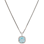 Vintage Aquamarine & Diamond Halo Square Pendant - 14k White Gold Necklace - 20"