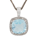 Vintage Aquamarine & Diamond Halo Square Pendant - 14k White Gold Necklace - 20"