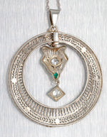Antique Art Deco Diamond Emerald Open Circle Pendant 14k White Gold 18” Necklace