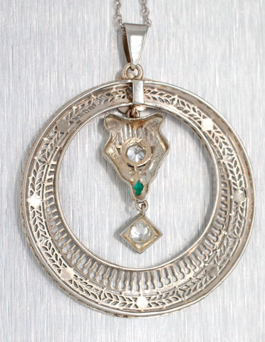 Antique Art Deco Diamond Emerald Open Circle Pendant 14k White Gold 18” Necklace