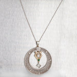 Antique Art Deco Diamond Emerald Open Circle Pendant 14k White Gold 18” Necklace