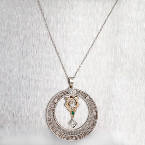 Antique Art Deco Diamond Emerald Open Circle Pendant 14k White Gold 18” Necklace