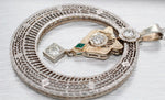 Antique Art Deco Diamond Emerald Open Circle Pendant 14k White Gold 18” Necklace