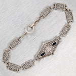 Antique Art Deco Diamond & Sapphire Filigree Bracelet - 14k White Gold - 7”