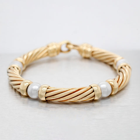 David Yurman 18k Yellow Gold Pearl Metro Twisted Cable Station Bracelet - 7”