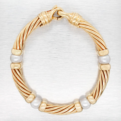 David Yurman 18k Yellow Gold Pearl Metro Twisted Cable Station Bracelet - 7”